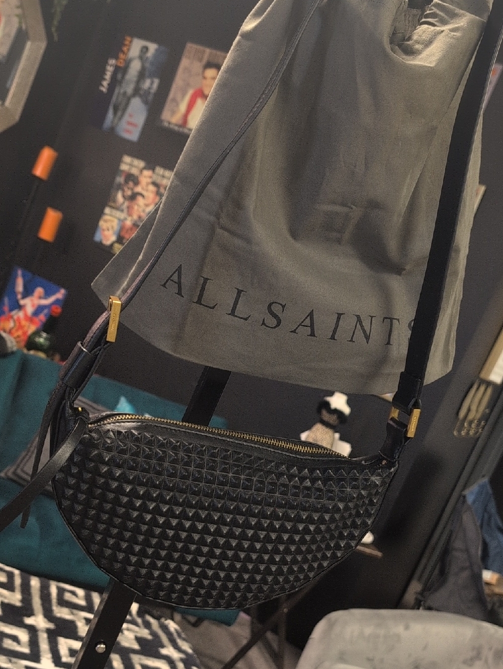 AllSaints RARE Black Sheep Leather Studded Crescent Crossbody with Gold Accents